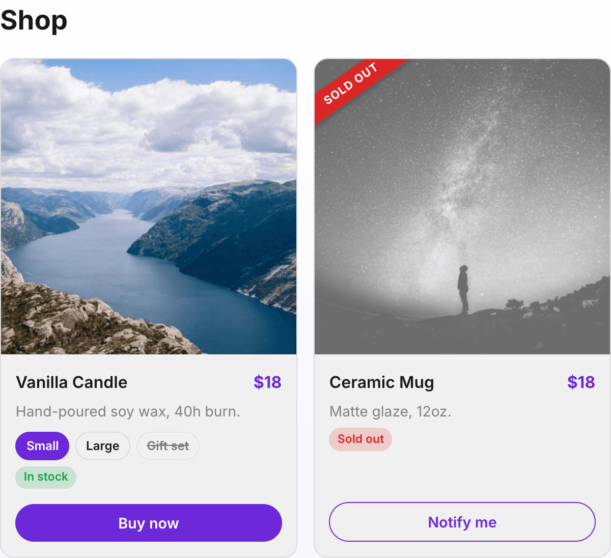 Products block with variants and a sold-out item