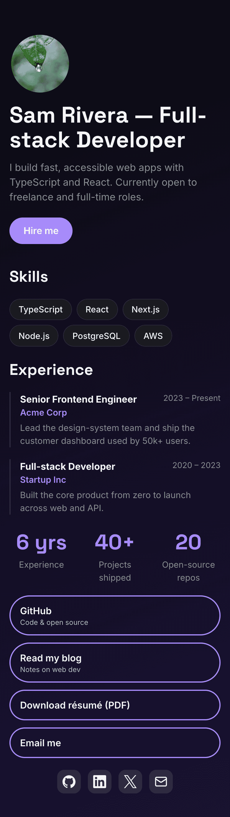 Developer example page on the Midnight theme
