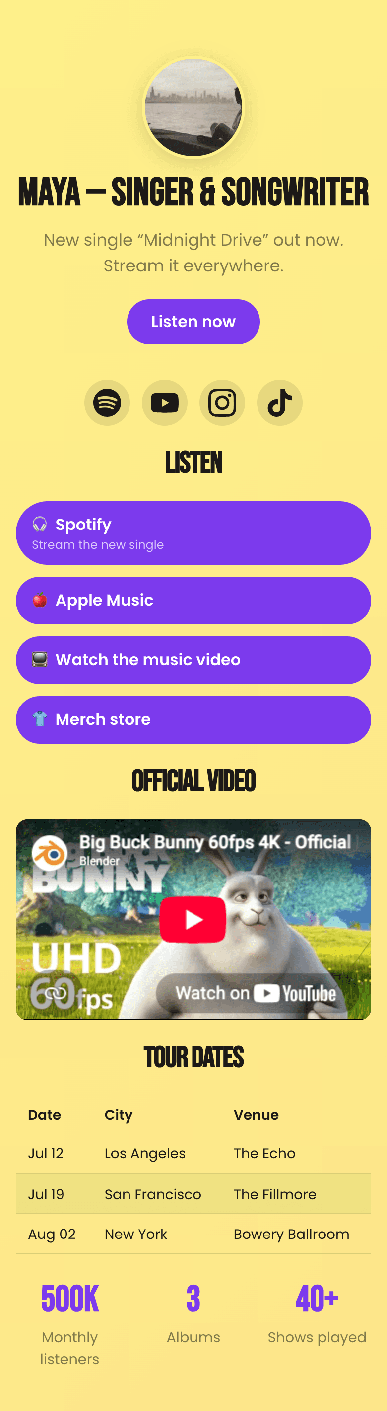 Band example page on the Pop theme