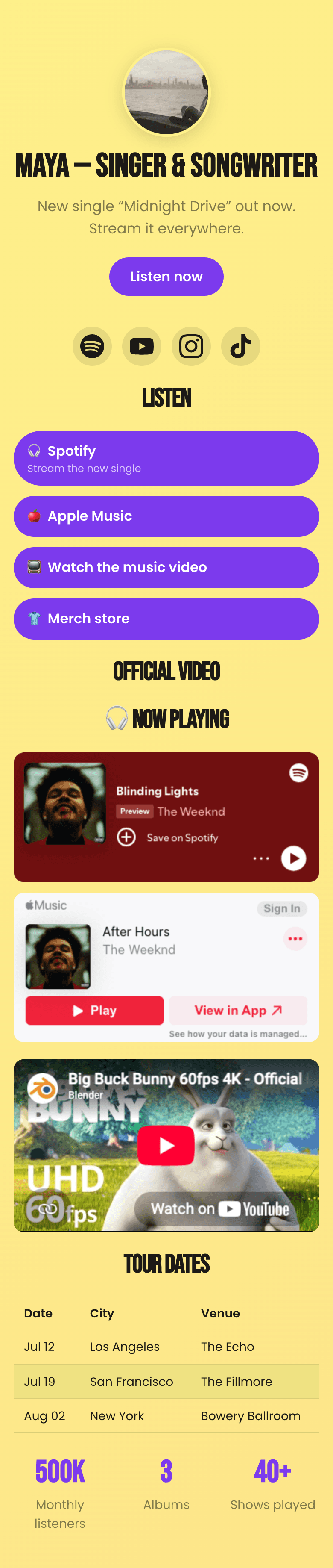 Band example page on the Pop theme