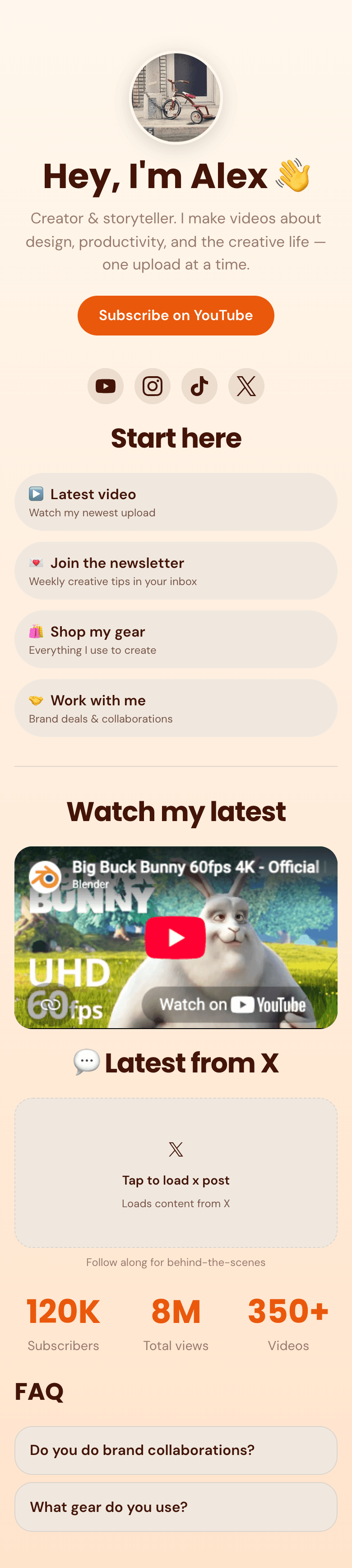 Creator example page on the Sunset theme